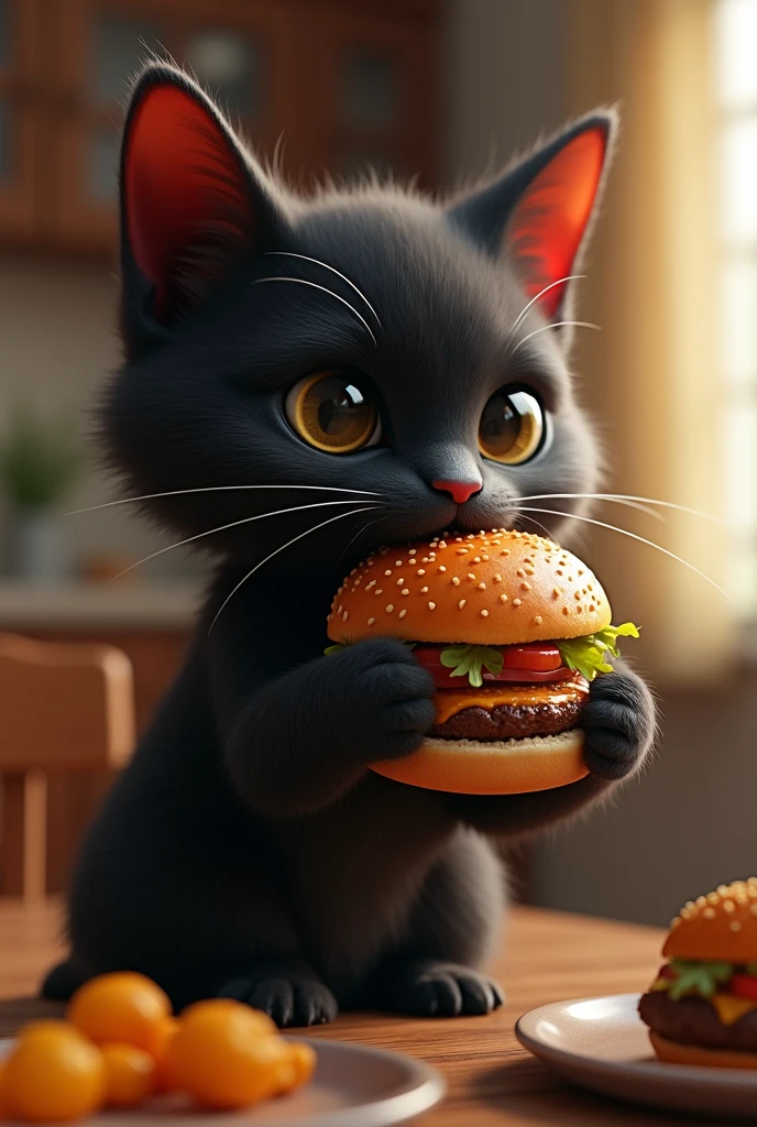 cat,?????,eating hamburger.