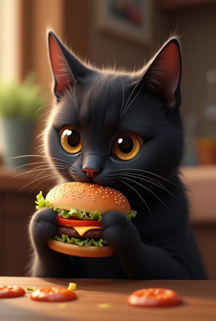 cat,negro,eating hamburger.
