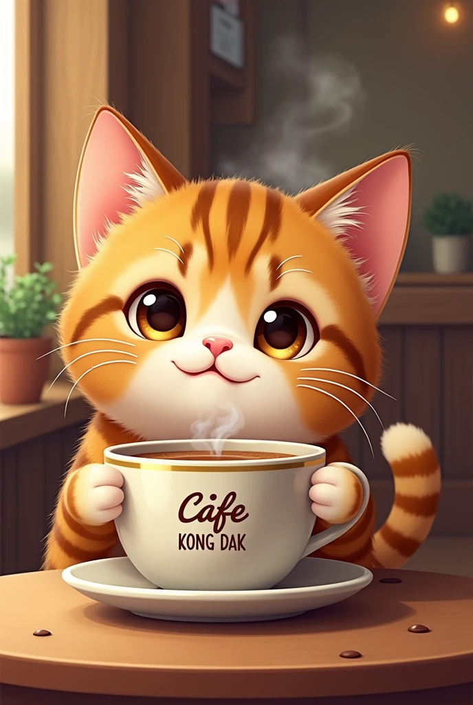 A Scottish Fold cat drinks coffee in a cozy cafe. The cat has tiger-patterned fur. Make the word "cafe Kong dak" on the coffee cup. Make sure the coffee is steaming hot. Make me a cute cat girl.