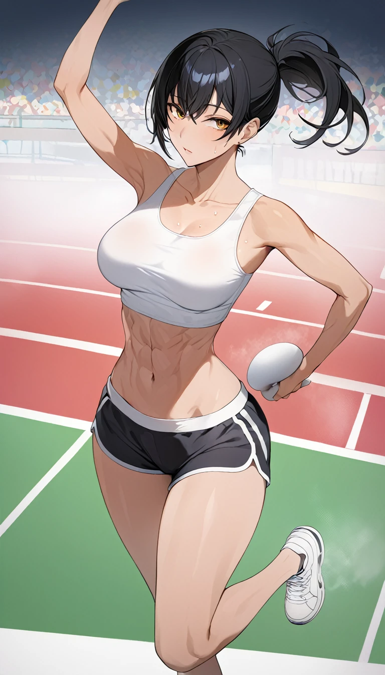 Female track and field athlete、Best Woman、Black Hair、Short ponytail hairstyle、White sneakers、Golden eyes、compensate、A lustful and lascivious face、Perfect figure、tanned skin tone、Six Pack Abs、Long legs、Beautifully shaped breasts、Narrow waist、White tank top and black shorts、While running、Practicing on the ground、Athletics lanes in the background、Shading Effects、Gradient Magic Effect、Fog filter effect、Glitter effect、(Super detailed、 Abdominal muscles are solutely resolved、Highest quality:1.3)、2.5D、delicate and dynamic、A clearly drawn face、Clearly defined eyes、Clearly defined details、Artistic photography、Ultra-realistic、8k、Accurate five fingers、Drawing the details of the body、Precisely drawn female genitalia、Graphics CG Digital Art