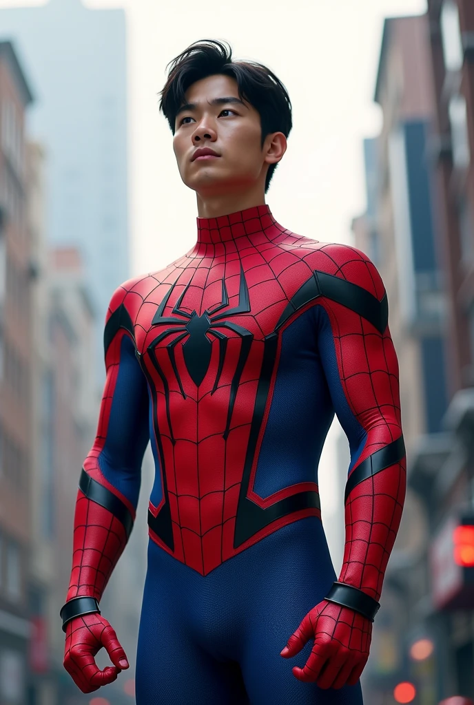 make an image where a korean guy wears a spiderman suit