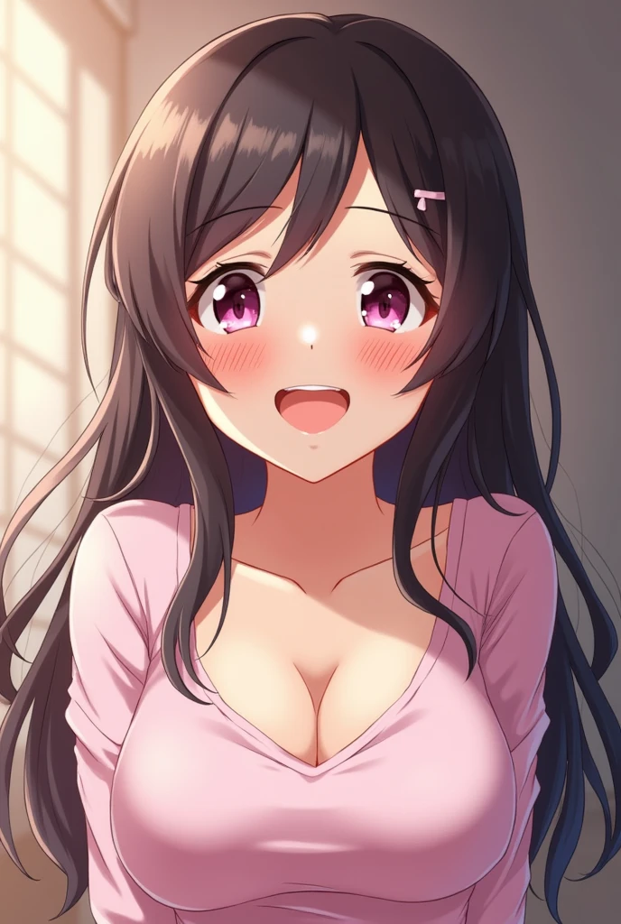 highest quality, masterpiece, 1 girl, shine background, looking at the viewer, portrait, light smile, shine, pastel colour, undressing, Button removed, white bra, white panties, ベッドルームのmasterpiece, cleavage, how, wide open mouth, stick out tongue, how shot, how on mouth, how on face, how on breast, facial, 