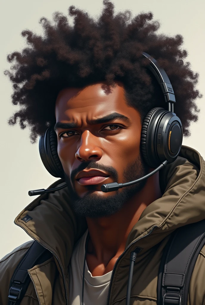 Adult brown male character big curly hair 3c,of gamer headphones 