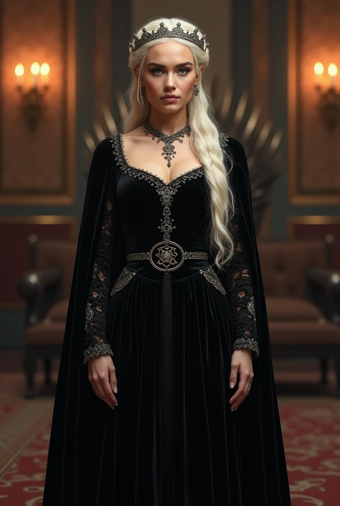A realistic images of Emilia Clarke's Daenerys Targaryen wearing a royal black velvet Queen gown, realistic