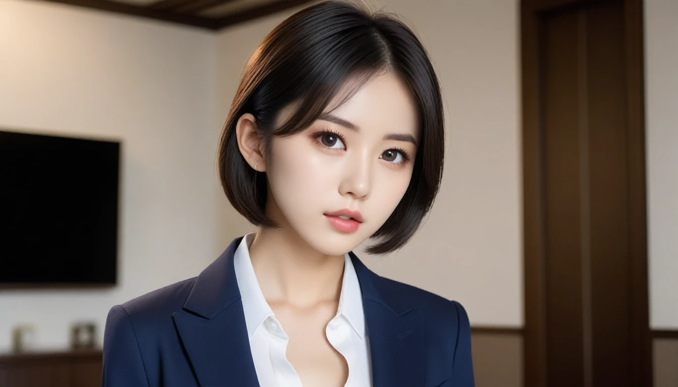 8k, Ultra-high resolution, Highest quality, masterpiece, 三分割法によるphotograph,Surreal, photograph, 1 , (:1.3), cute, cute顔, 細部までBeautiful Eyes, 細かくdetailedに,masterpiece,One Girl:1.2,Japanese women,Secretary,upper body,glaring,Black short hair,Feathered hair,from side,(White collared shirt:1.3),Dark blue blazer,Reception room,white collar,(Beautiful attention to detail),Subtle details, detailedな顔,anger,Attractive eyes,(ポートレートphotograph:1.4),(Photorealistic images:1.4),Fantasy art,(Beautiful Face:1.4),美しくAttractive eyes、Beautiful Eyes,Silver residue,(Tight waist:1.4)、(Beautiful with perfect body proportions:1.4),Pink Lips,profile,(((Ideal body type))),A-cup small breasts :2,、Portraiture:2、Perfect Anatomy、鮮明なdetailed、detailed,Fashion magazine cover,Thin lips,完璧でBeautiful Face ,完璧でcute顔, Skin with attention to detail, Perfect limbs、Narrow waist,Surreal,Light and shadow,spotlight
