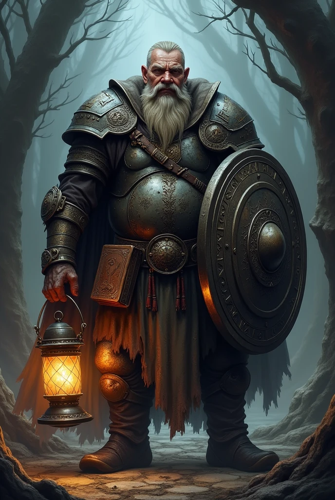 A dark grim fantasy dwarf wearing full plate armour, fit middle-age, with a long beard short hair, holding a lantern in one hand and a shield with the other, an ancient spell book tied to his belt