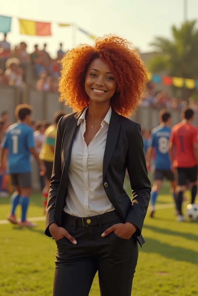 Create a hyper-realistic scene of a neighborhood soccer championship in Bahia. The image must show a councilwoman with light brown skin, com aproximadamente 1,78 m high, slim, and with curly red hair, but not too bulky. She is dressed in formal clothes, like a blazer, Shirt and Pants, appropriate for a campaign event.Main Elements:CITY COUNCILWOMAN: in the spotlight, with an expression of enthusiasm and engagement. Curly red hair should be visible and detailed, reflecting sunlight, but with moderately sized curls. Formal clothing should be well detailed., suitable for a campaign.Football Championship: Neighborhood soccer field with simple grass and surrounded by a wooden or wire fence. Players and spectators must be present, with detailed clothing and actions.enviroment: The field must have local characteristics, like colorful flags and improvised stands. The sky should be clear and sunny, providing a warm, vibrant light.Additional Detail:CITY COUNCILWOMAN em Ação: She must be interacting with the community, maybe talking to players or spectators, showing support for the event. Your posture and expression should reflect your active role in your campaign..public: Spectators watching the game, with details in the clothes and reactions, contributing to the festive and local atmosphere.colors e styled:colors: colors vivas e naturais, with the sunlight creating a warm tone. Realistic details in the colors of the councilwoman's formal clothing and the surrounding environment.styled: hyperrealisti, focusing on textures and details to create a sense of authenticity and involvement in the event.Format and Composition:perspective: Captures the action on the football field with the councilwoman in focus, formally dressed. Show field, players and spectators with detailed lighting and shadows.