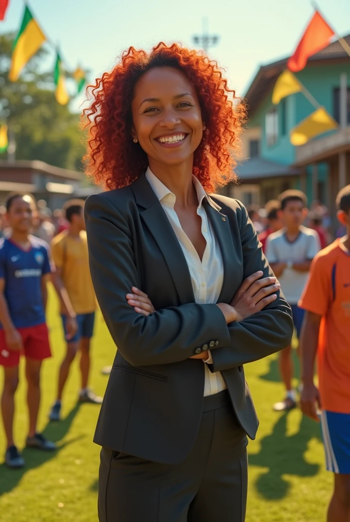 Create a hyper-realistic scene of a neighborhood soccer championship in Bahia. The image must show a councilwoman with light brown skin, com aproximadamente 1,78 m high, slim, and with curly red hair, but not too bulky. She is dressed in formal clothes, like a blazer, Shirt and Pants, appropriate for a campaign event.Main Elements:CITY COUNCILWOMAN: in the spotlight, with an expression of enthusiasm and engagement. Curly red hair should be visible and detailed, reflecting sunlight, but with moderately sized curls. Formal clothing should be well detailed., suitable for a campaign.Football Championship: Neighborhood soccer field with simple grass and surrounded by a wooden or wire fence. Players and spectators must be present, with detailed clothing and actions.enviroment: The field must have local characteristics, like colorful flags and improvised stands. The sky should be clear and sunny, providing a warm, vibrant light.Additional Detail:CITY COUNCILWOMAN em Ação: She must be interacting with the community, maybe talking to players or spectators, showing support for the event. Your posture and expression should reflect your active role in your campaign..public: Spectators watching the game, with details in the clothes and reactions, contributing to the festive and local atmosphere.colors e styled:colors: colors vivas e naturais, with the sunlight creating a warm tone. Realistic details in the colors of the councilwoman's formal clothing and the surrounding environment.styled: hyperrealisti, focusing on textures and details to create a sense of authenticity and involvement in the event.Format and Composition:perspective: Captures the action on the football field with the councilwoman in focus, formally dressed. Show field, players and spectators with detailed lighting and shadows.