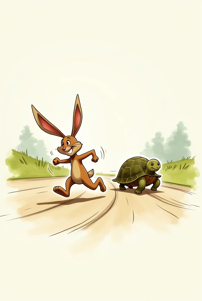 make an easy hand drawn style drawing, of a hare and a tortoise running on a track