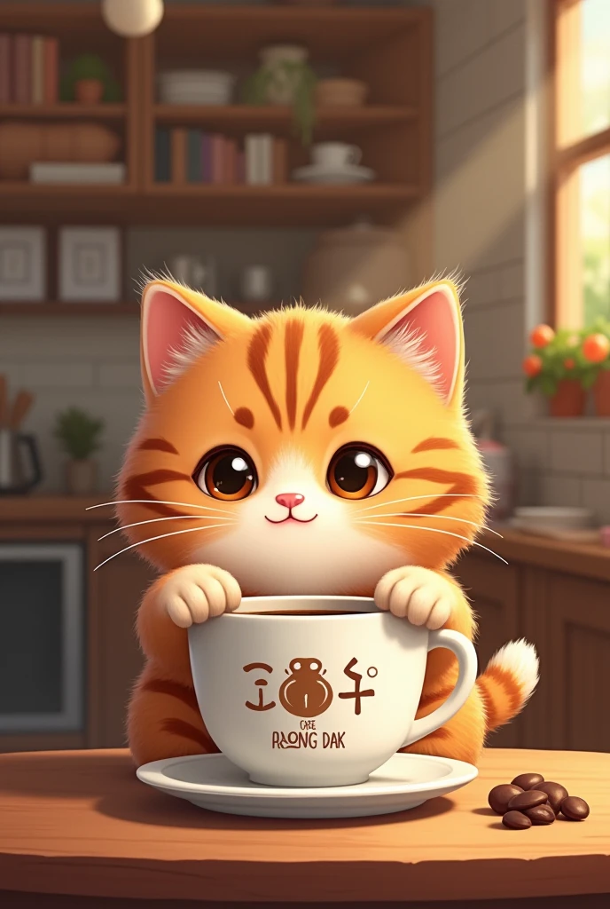 A Scottish Fold cat drinks coffee in a cozy cafe. The cat has tiger-patterned fur. Make the word "cafe Kong dak" on the coffee cup. Make sure the coffee is steaming hot. Make me a cute cat girl.