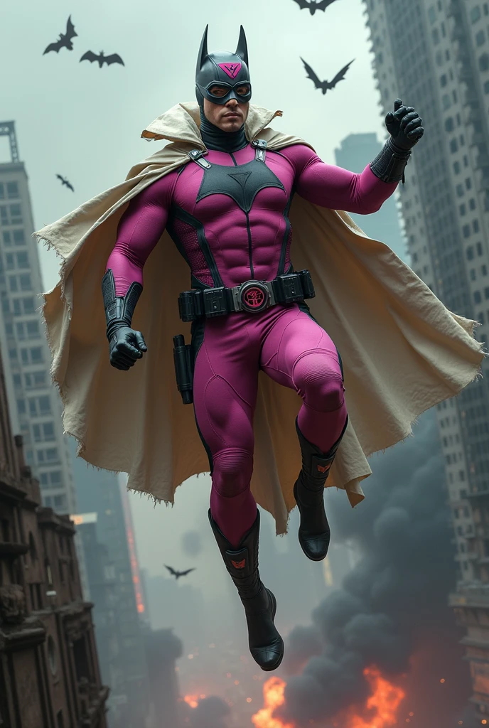 Malaysia man in high-tech suit, vivid effects, malaysian superhero (KELUANG MAN) in a striking pink and beige costume cyberpunk design, mask small mini bat ear beige, daredevil beige mask, jumpsuit dark pink stands confidently in a dramatic.jumping from high place.hero costume.one hand rise up. Big triangle logo on the chest.high detail Punisher logo on the chest. Fighting pose , stormy landscape. ((Head covered node guard like batman. Running pose , athletic body type, small mini ear bat mask))The character wears domino mask a helmet with pointed mini torn ears and a flowing cape biege, open nose and mouth. Equipped with visible futuristic weapons on a belt,bullet proof jacket pink dark day.show fingers pose, dark night, big supermoon effect . Small logo on chest triangle shape small punisher logo center(( skull triangle Casey Jones mask shape logo)) center on chest pink logo mini logo . rocky. Building top.smoke ground , bomb effect background, losse pants, losses costume.adding to --ar 3:4 --style raw --stylize 500 --v 6.1. chaos. Lot of small flying bat. One leg on the high stone. Man. Wear hologram watch.. Real man age 40 year old. One hand holding belt.one hand holding black rope hanging on building. Big pant pink. Beige cape joodie.(( Loose pant)) , jump on high building)marvel , X-Men. 