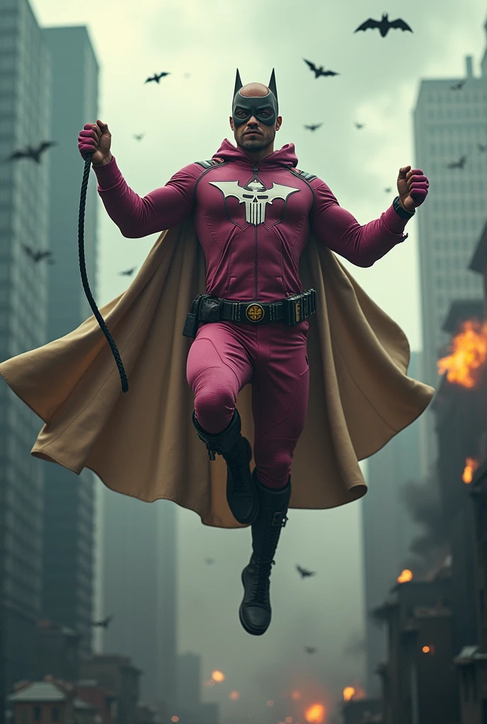 Malaysia man in high-tech suit, vivid effects, malaysian superhero (KELUANG MAN) in a striking pink and beige costume cyberpunk design, mask small mini bat ear beige, daredevil beige mask, jumpsuit dark pink stands confidently in a dramatic.jumping from high place.hero costume.one hand rise up. Big triangle logo on the chest.high detail Punisher logo on the chest. Fighting pose , stormy landscape. ((Head covered node guard like batman. Running pose , athletic body type, small mini ear bat mask))The character wears domino mask a helmet with pointed mini torn ears and a flowing cape biege, open nose and mouth. Equipped with visible futuristic weapons on a belt,bullet proof jacket pink dark day.show fingers pose, dark night, big supermoon effect . Small logo on chest triangle shape small punisher logo center(( skull triangle Casey Jones mask shape logo)) center on chest pink logo mini logo . rocky. Building top.smoke ground , bomb effect background, losse pants, losses costume.adding to --ar 3:4 --style raw --stylize 500 --v 6.1. chaos. Lot of small flying bat. One leg on the high stone. Man. Wear hologram watch.. Real man age 40 year old. One hand holding belt.one hand holding black rope hanging on building. Big pant pink. Beige cape joodie.(( Loose pant)) , jump on high building)marvel , X-Men. 