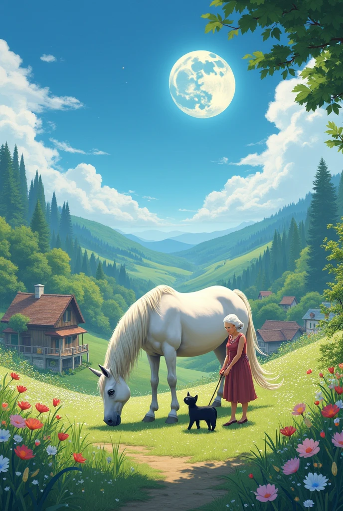 A serene scene in a small village surrounded by green hills and fields of vibrantly colored flowers. In the middle, Moon is found, the mare with snow-white fur, grazing happily. at your side, Mrs. Clara, a kind old lady with a loving smile, He pets the cat. The sky is clear blue, and the moonlight begins to peek through, reflecting in Luna's bright eyes.