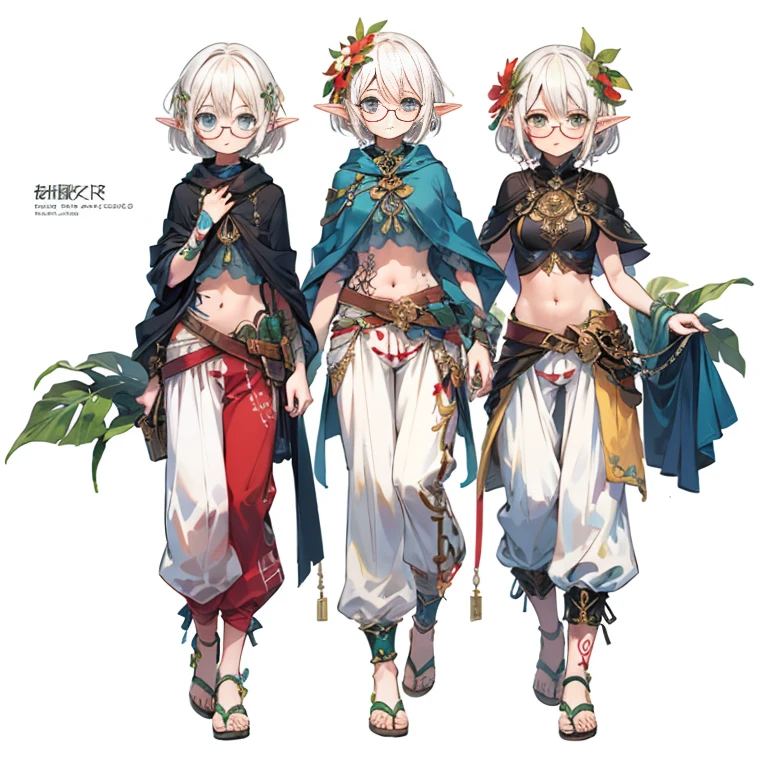 1 elf girl, ((glasses)), short white hair, flower tattoo on her belly, full body clothing, full body composition, white background, harem pants, leaf poncho, full body cover