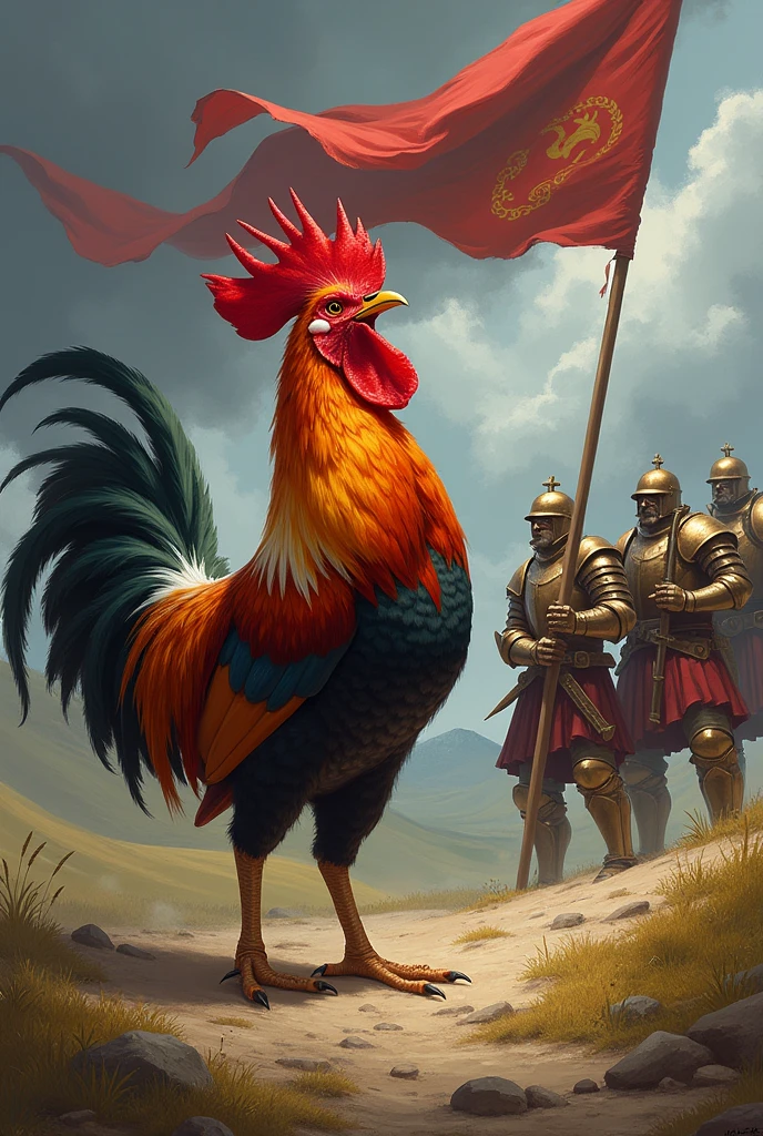 A fighting cock turns with a flag that Three Warriors 