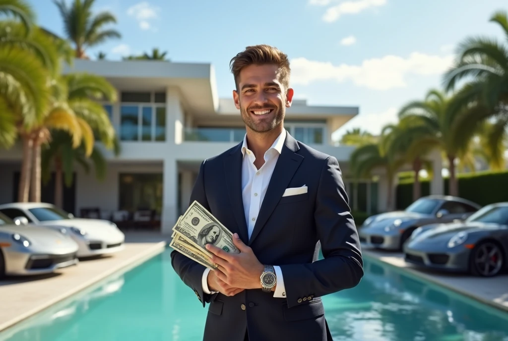 Man in front of a luxurious mansion: A well-dressed young man wearing an elegant suit stands in front of a modern mansion with parked luxury sports cars. He holds a large stack of dollar bills in one hand as he smiles confidently at the camera. The setting includes a pool in the background and palm trees, suggesting a life of luxury and financial success.