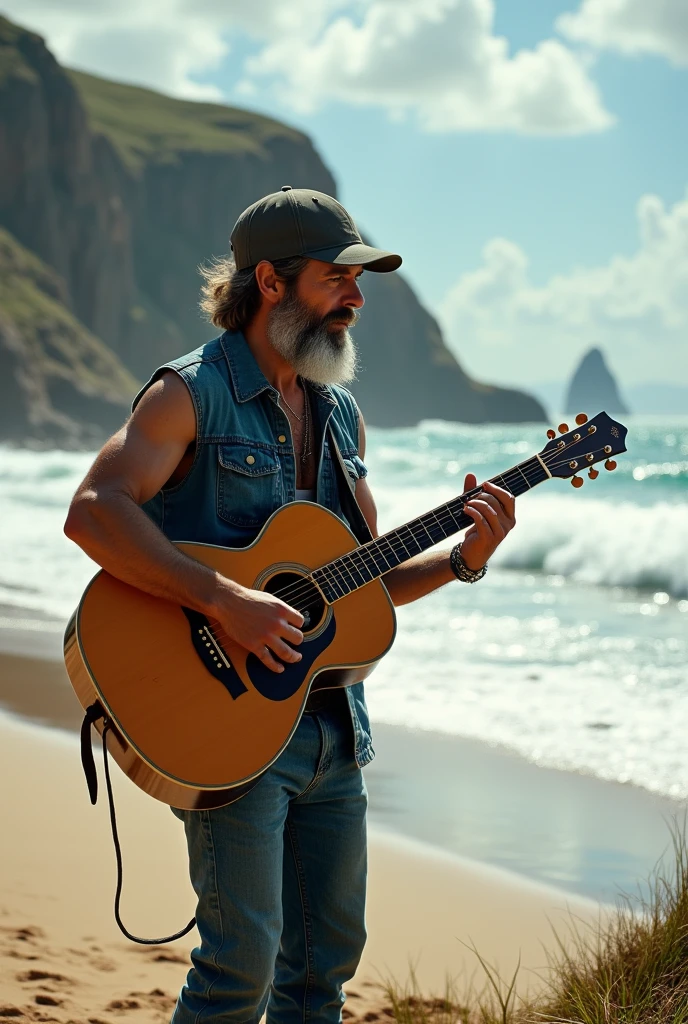 A guy with a guitar in denim clothes and a cap sings on the seashore looking at the caere.