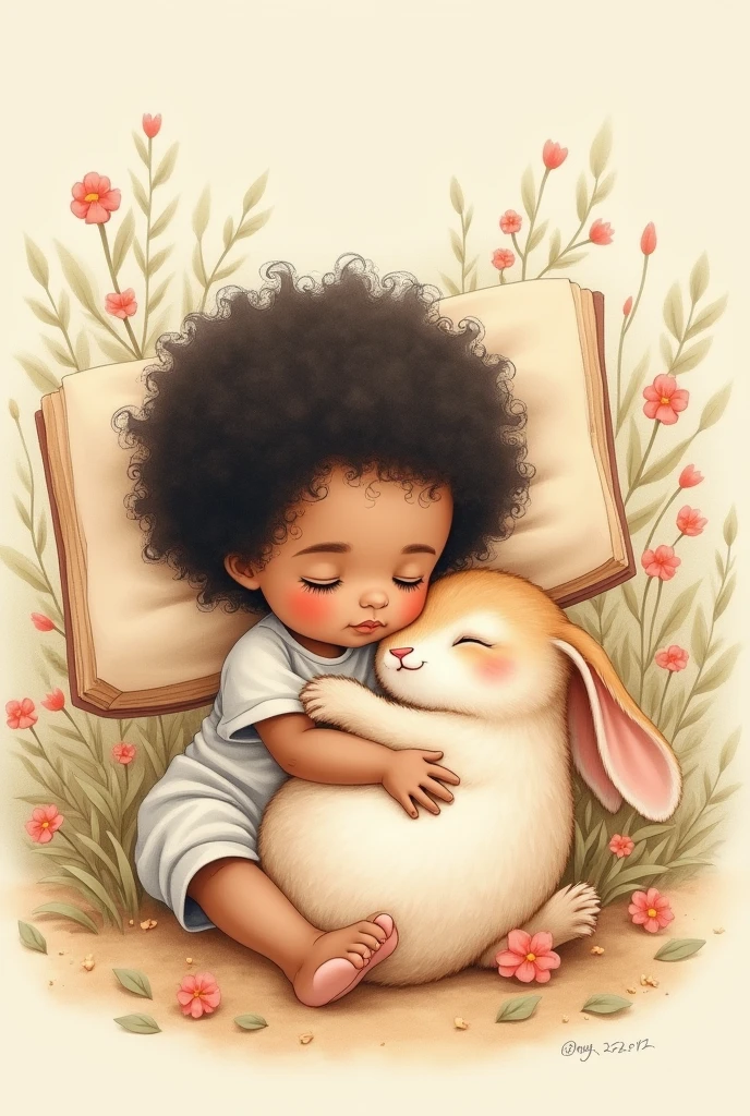 Same age with black and curly hair sleep with rabbit, the scene is a illustrated book