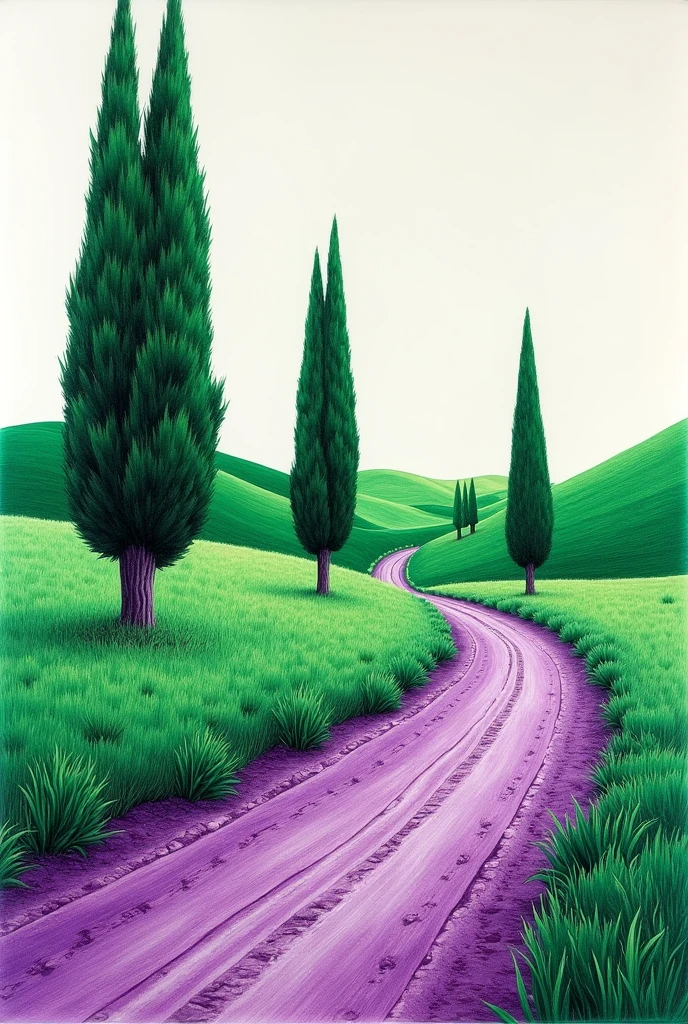 A landscape drawing using the bichrome technique, In the landscape you can see a dirt road with 3 cypress trees (two on the RIGHT and one on the LEFT, the one on the LEFT a little further away than the other 2 ), straw in the grass and a hill or hills behind. The colors should be bright and cheerful BICHROMY; GREEN AND PURPLE are the ONLY colors in the entire drawing.
technique: BICROMIA
