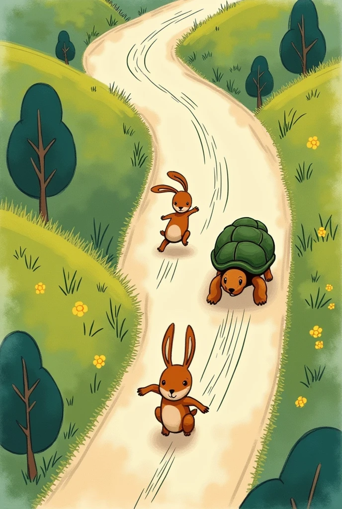 make an easy hand drawn style drawing, of a hare and a tortoise running on a track, from above view