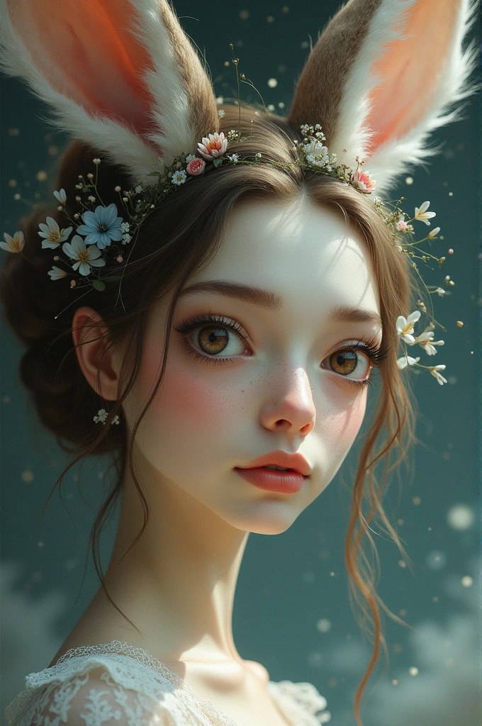 A woman whose face is inspired by that of a hare