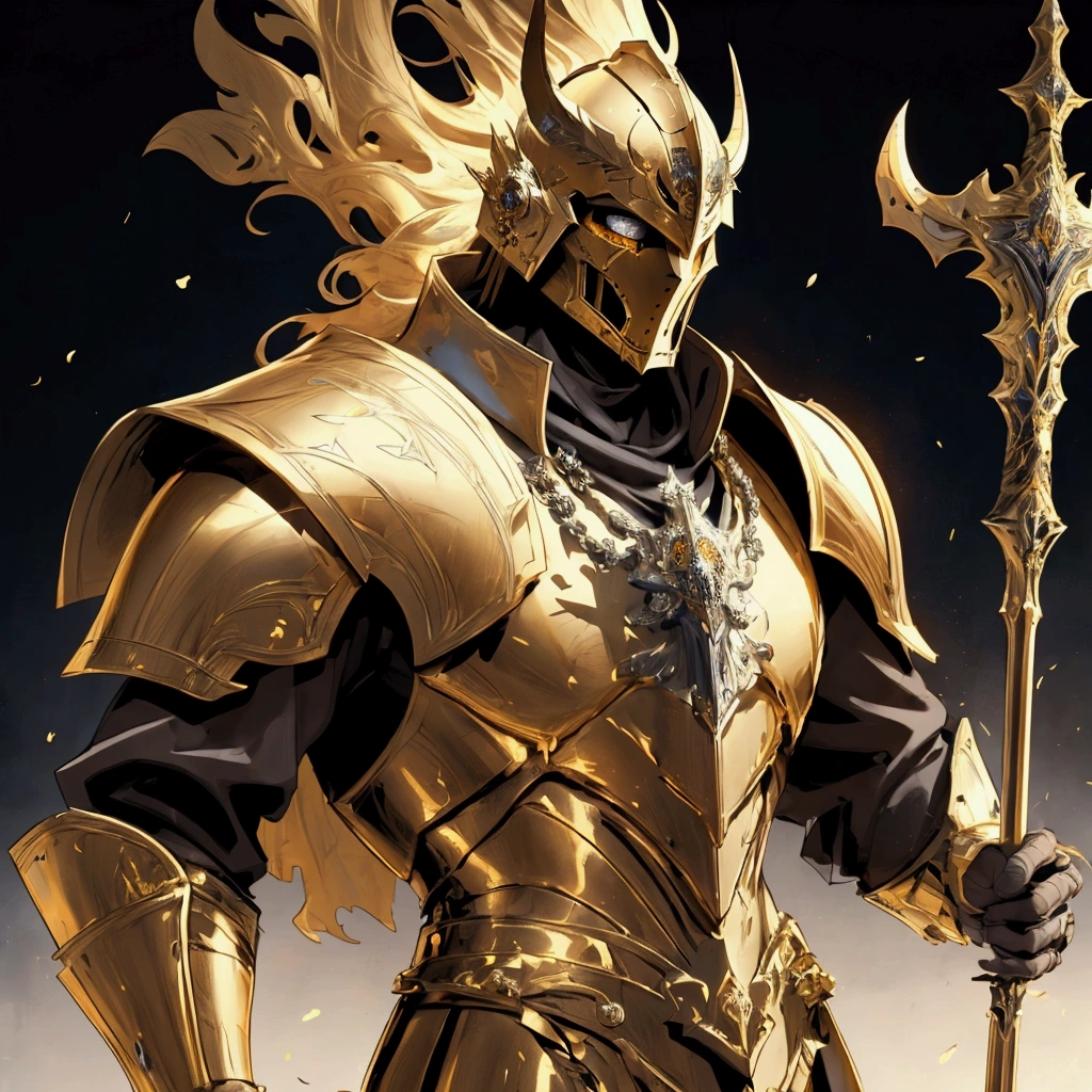 (Masterpiece:1.2), envision an intricate, 8k, highres, realistic, cinematic, dynamic, close up portrait of a faceless golden knight man clad in great armor with a grand helmet with bright white eyes with a large body in a dark fantasy style against a dark gray background, (Velstadt The Royal Aegis)