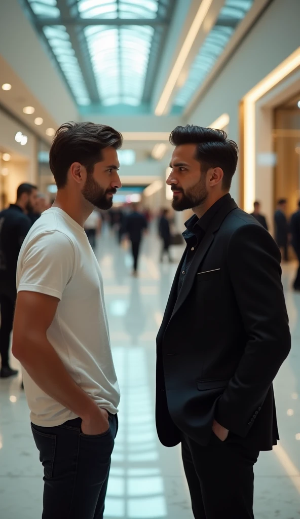 A guy with white t-shirt talking to a guy with black suit at a shopping mall, cinematic, masterpiece, high-aesthetic, realistic 