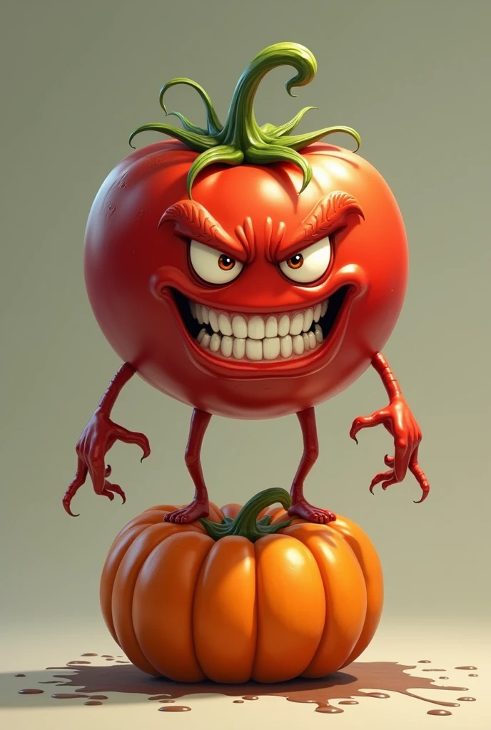 Tomato with an angry face and a smile, stepping on a crying pumpkin 
