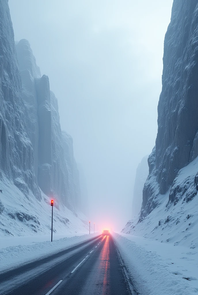 National highway in heavy snow area、Huge snow walls on both sides of the road、Stop lamp