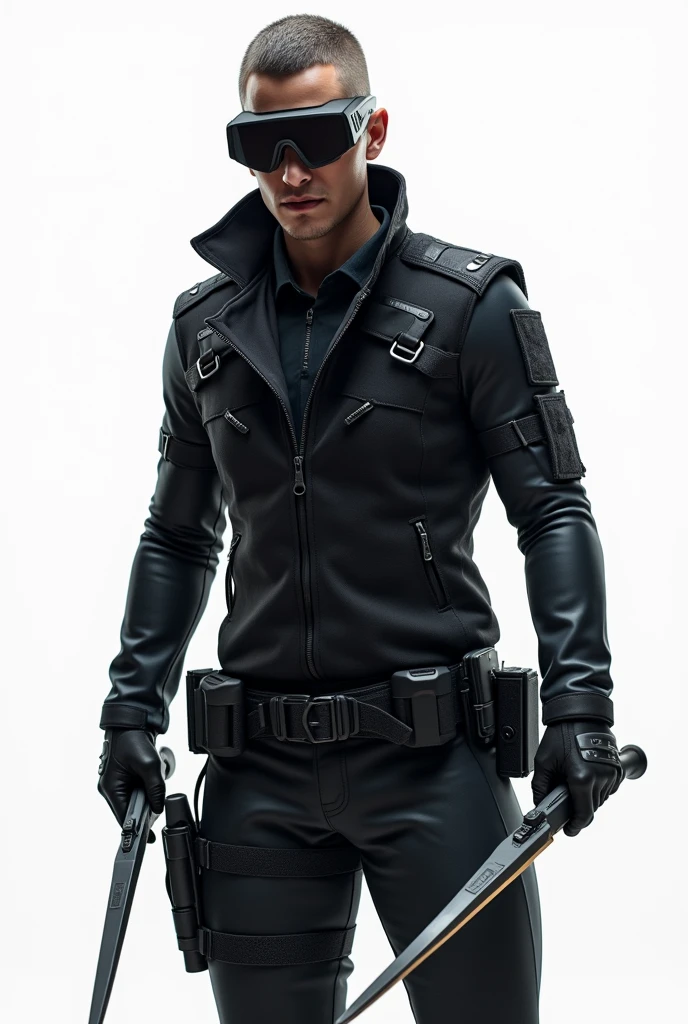 Imagine an agile and lethal assassin, specialized in flying daggers, on a white background that highlights its modern and detailed look. He wears a fitted tactical jacket, made from a dark, cut-resistant technical fabric. The jacket has hidden compartments and magnetic holders on the sleeves and inside to store daggers, ensuring quick and silent access. Daggers are technologically advanced, with ceramic coated carbon steel blades and ergonomic handles with tactile sensors that adjust trajectory after launch, plus an electromagnetic boost mechanism to increase range. 

The assassin wears a modern tactical belt with magnetic loops to keep his daggers safe and within reach.. The belt is discreet, with small compartments and pockets for additional tools like extra blades and hacking devices. In place of a sale, he wears augmented reality glasses with dark lenses and a futuristic visor, projecting tactical information and highlighting targets and trajectories. Your shoes are light, non-slip and silent, with soles designed to absorb sound and internal compartments for emergency daggers.

Your hair is short and well groomed, with a style like undercut or fade, and the beard is short or non-existent. The expression is concentrated and intense, and the face is partially hidden by a mask or the design of the glasses. The white background highlights the assassin and his modern equipment., emphasizing its dynamic and lethal stance.