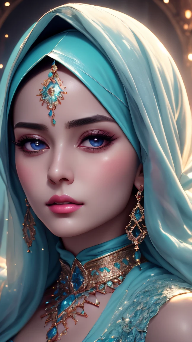 Close up of woman wearing hijab and jewelry, Digital painting by Ambreen Pott, featuring.artstation, Imagination art, Beautiful detailed face, Detailed aesthetic image, arabian beauty, Beautiful fantasy picture, beautiful Imagination art portrait, Portrait of a beautiful goddess, Close up of the goddess, Beautiful detailed image, digital fantasy image, detailed gorgeous face, Detailed matte fantasy image