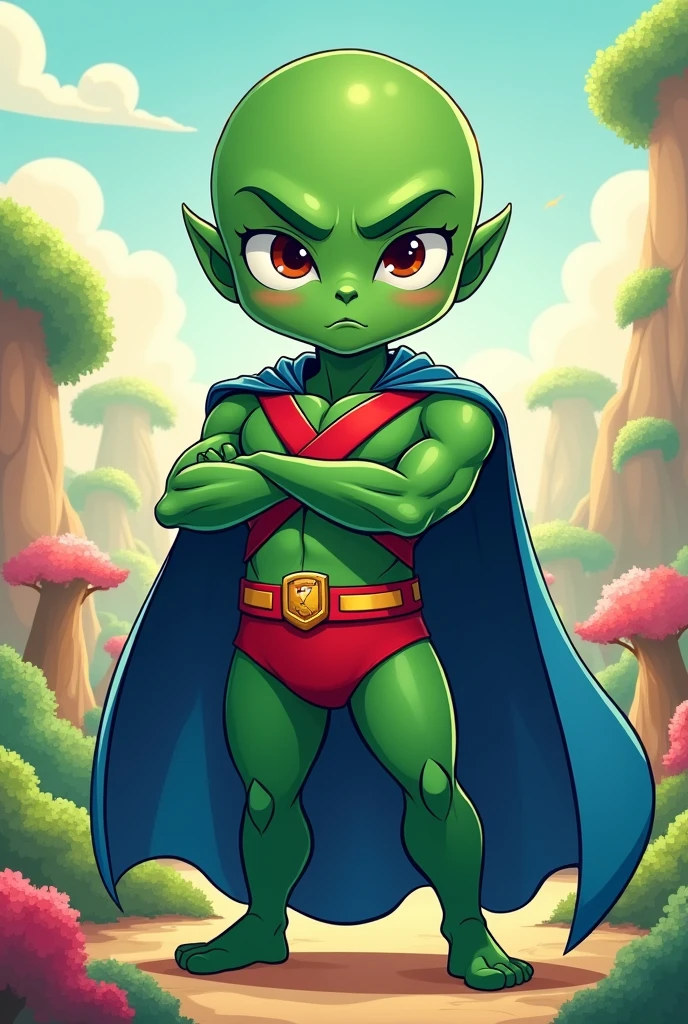 Martian Manhunter Avatar, caricatura para childs pequeños, blue cape, Red belt, Red bands crossed on the chest, blue bikini, child