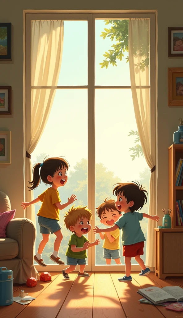 Behind a window there were 4 children playing.