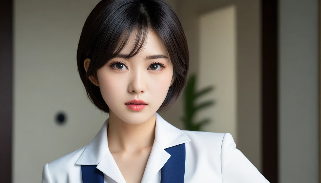 8k, Ultra-high resolution, Highest quality, masterpiece, 三分割法によるphotograph,Surreal, photograph, 1 , (:1.3), cute, cute顔, 細部までBeautiful Eyes, 細かくdetailedに,masterpiece,One Girl:1.2,Japanese women,Secretary,upper body,glaring,Black short hair,Feathered hair,from side,(White collared shirt:1.3),Dark blue blazer,Reception room,white collar,(Beautiful attention to detail),Subtle details, detailedな顔,anger,Attractive eyes,(ポートレートphotograph:1.4),(Photorealistic images:1.4),Fantasy art,(Beautiful Face:1.4),美しくAttractive eyes、Beautiful Eyes,Silver residue,(Tight waist:1.4)、(Beautiful with perfect body proportions:1.4),Pink Lips,profile,(((Ideal body type))),A-cup small breasts :2,、Portraiture:2、Perfect Anatomy、鮮明なdetailed、detailed,Fashion magazine cover,Thin lips,完璧でBeautiful Face ,完璧でcute顔, Skin with attention to detail, Perfect limbs、Narrow waist,Surreal,Light and shadow,spotlight