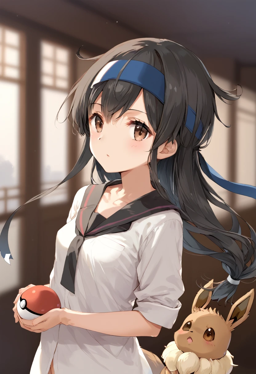 score_9,score_8_up,score_7_up,source_アニメ,cowboy shot,Idealized Forms,Natural Light,details background,blurry background,extremely detailed,(aga),hatsushimo(kancolle),brown eyes,(left(white)right(blue))headband,(black)long hair,(low-tied)hair,(black)hair,small breasts,(petite),Eevee(pokemon),pokemon ball