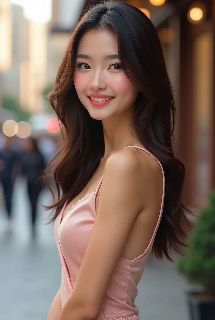 ((best quality, 8k, masterpiece :1.3)), 1 girl, smiling, whole body, face slimming, pretty Woman, (Dark brown hair), full length dress :1.1, Super detailed faces, delicate eyes, double eyelids, blurred background, face slimming, City, external, street,
