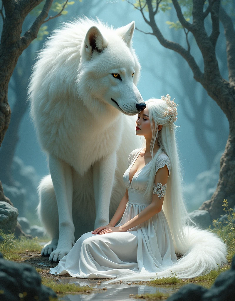 a chinese woman in a short white chinese dress with long white hair sitting on the ground with a white wolf next to her, mystical art, fantasy art, epic digital painting, epic digital art illustration, wlop painting style, wlop art