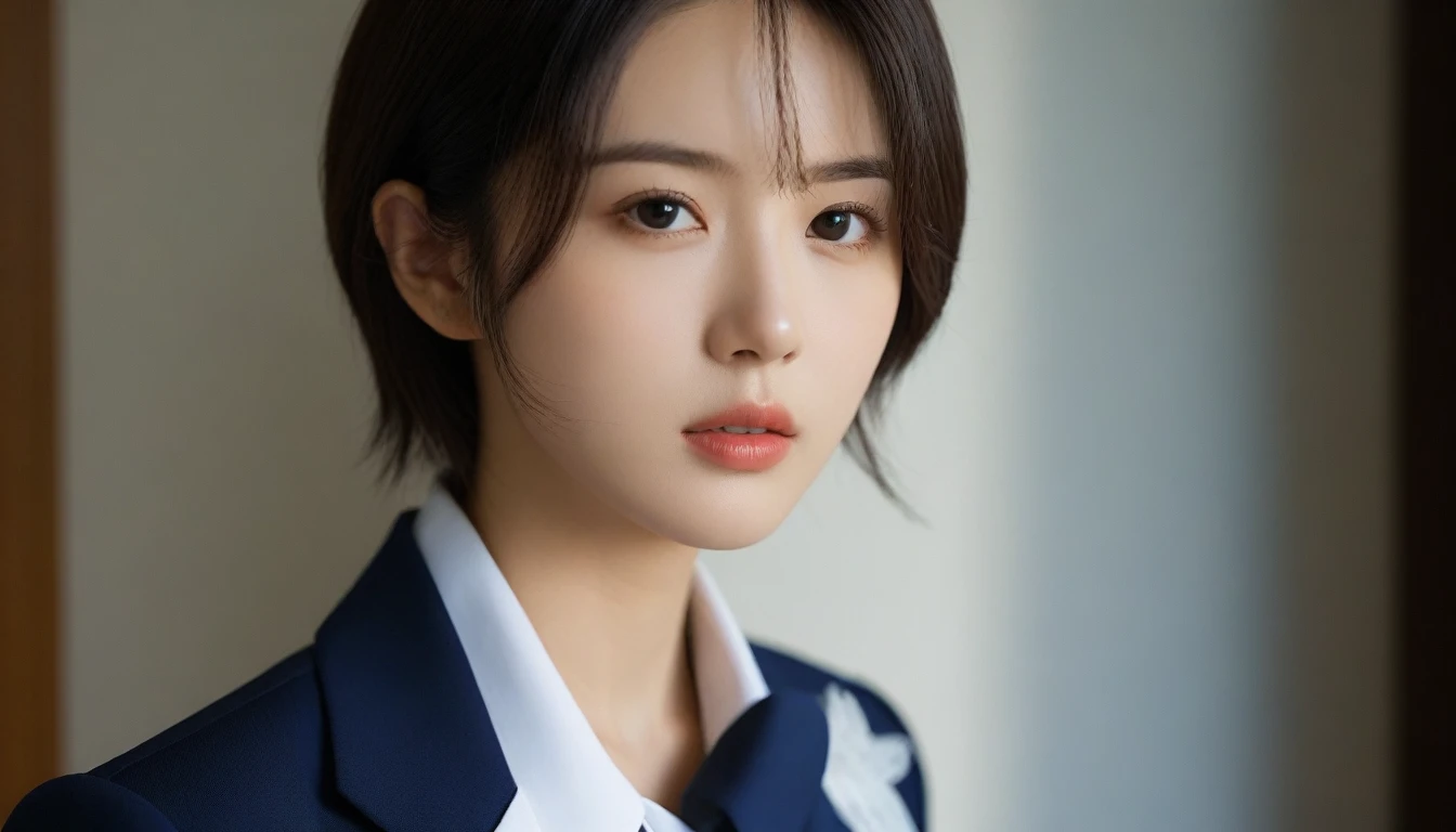 8k, Ultra-high resolution, Highest quality, masterpiece, 三分割法によるphotograph,Surreal, photograph, 1 , (:1.3), cute, cute顔, 細部までBeautiful Eyes, 細かくdetailedに,masterpiece,One Girl:1.2,Japanese women,Secretary,upper body,glaring,Black short hair,Feathered hair,from side,(White collared shirt:1.3),Dark blue blazer,Reception room,white collar,(Beautiful attention to detail),Subtle details, detailedな顔,anger,Attractive eyes,(ポートレートphotograph:1.4),(Photorealistic images:1.4),Fantasy art,(Beautiful Face:1.4),美しくAttractive eyes、Beautiful Eyes,Silver residue,(Tight waist:1.4)、(Beautiful with perfect body proportions:1.4),Pink Lips,profile,(((Ideal body type))),A-cup small breasts :2,、Portraiture:2、Perfect Anatomy、鮮明なdetailed、detailed,Fashion magazine cover,Thin lips,完璧でBeautiful Face ,完璧でcute顔, Skin with attention to detail, Perfect limbs、Narrow waist,Surreal,Light and shadow,spotlight