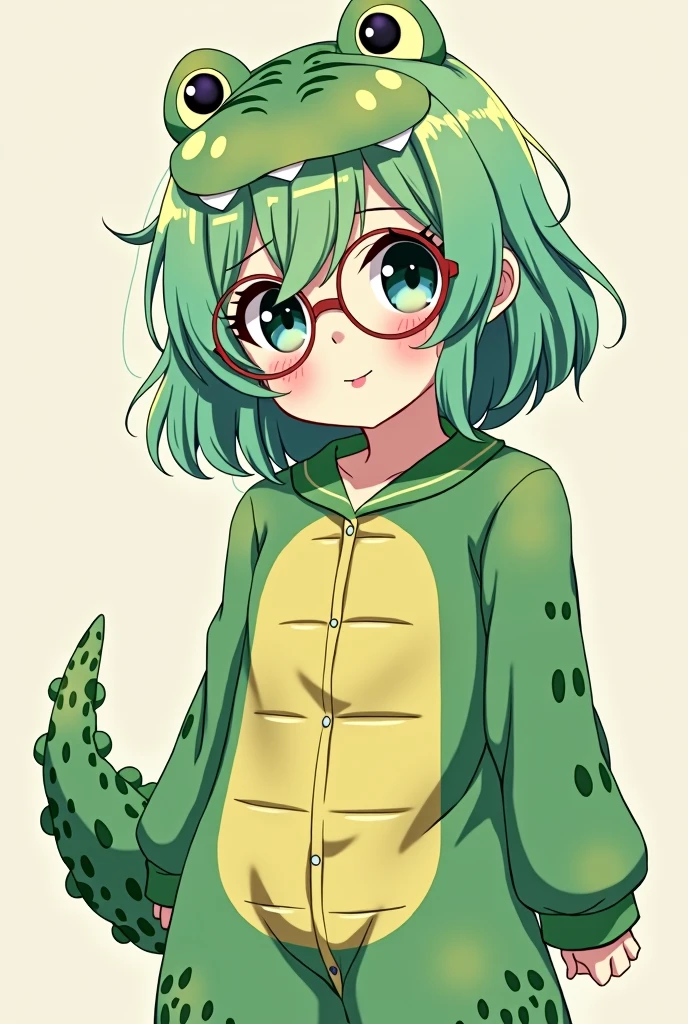 an anime girl with green hair and alligator pajamas, with round glasses, without the bottom, to use as a live banner.

