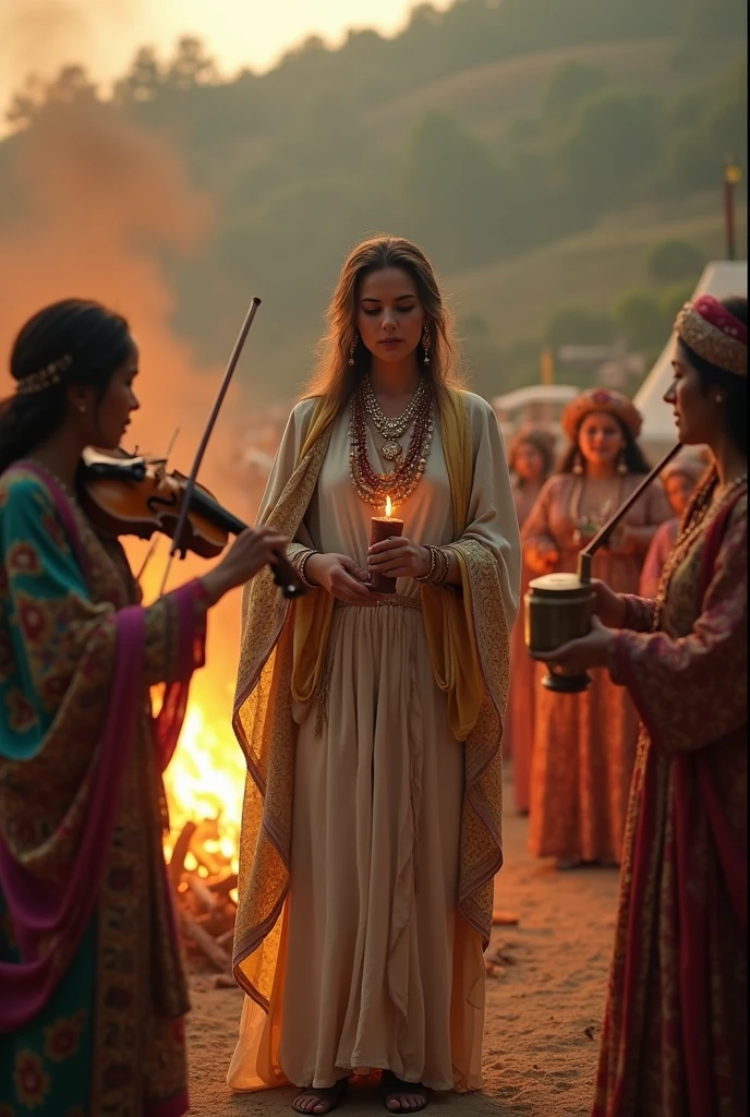 Create a video representing Saint Sara Kali, the patron saint of gypsies, blessing a group of gypsies. Santa Sara must be in the center, wearing the traditional clothing of the saint's image, holding a candle or a flower, radiating serenity. Around it, gypsies dance and play instruments such as violins and tambourines, colorful and decorated clothes with typical accessories, such as scarves and jewelry. The setting must convey a mystical and devotional atmosphere, with elements that refer to gypsy culture, such as tents, bonfires and natural landscapes."