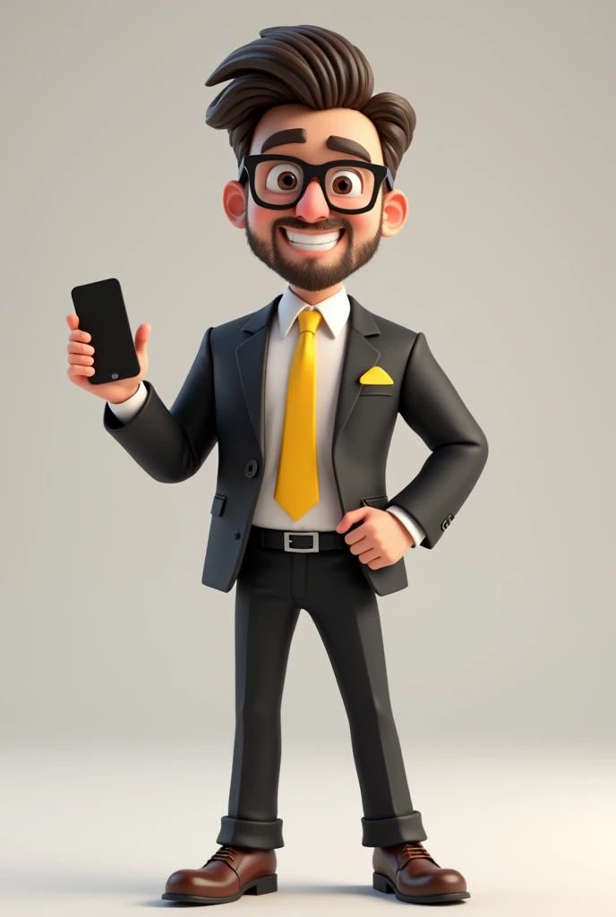 
Claro! Vamos adicionar o celular ao script:

A full-body 3D cartoon-style character. He has a friendly and charismatic appearance. The character is a young man with light skin, a beard, and dark brown hair styled upwards, thick eyebrows, large brown eyes, and wears glasses. He is smiling confidently.

The character is dressed formally, wearing a black suit, a white shirt, and a yellow tie. In the pocket of the suit jacket, there is a yellow pocket square, matching the tie.

He stands with one hand holding a cellphone, while his other hand is pointed upwards, conveying a sense of excitement and engagement. The cellphone is held up with a relaxed grip, as if he is either showing it off or preparing to use it. His posture and gestures suggest he is animated and energized, adding a dynamic and lively element to his appearance. The background of the image is neutral, which further highlights the character.