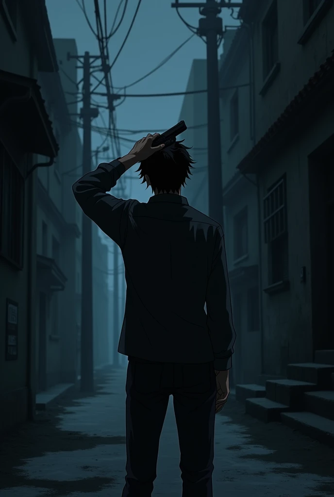 The image is anime style with shadows and dim lights, anime style although somewhat adult and dark, It shows a man with his back turned pointing the tip of a gun at his head with a gun. The background of the image is a street road. it is day