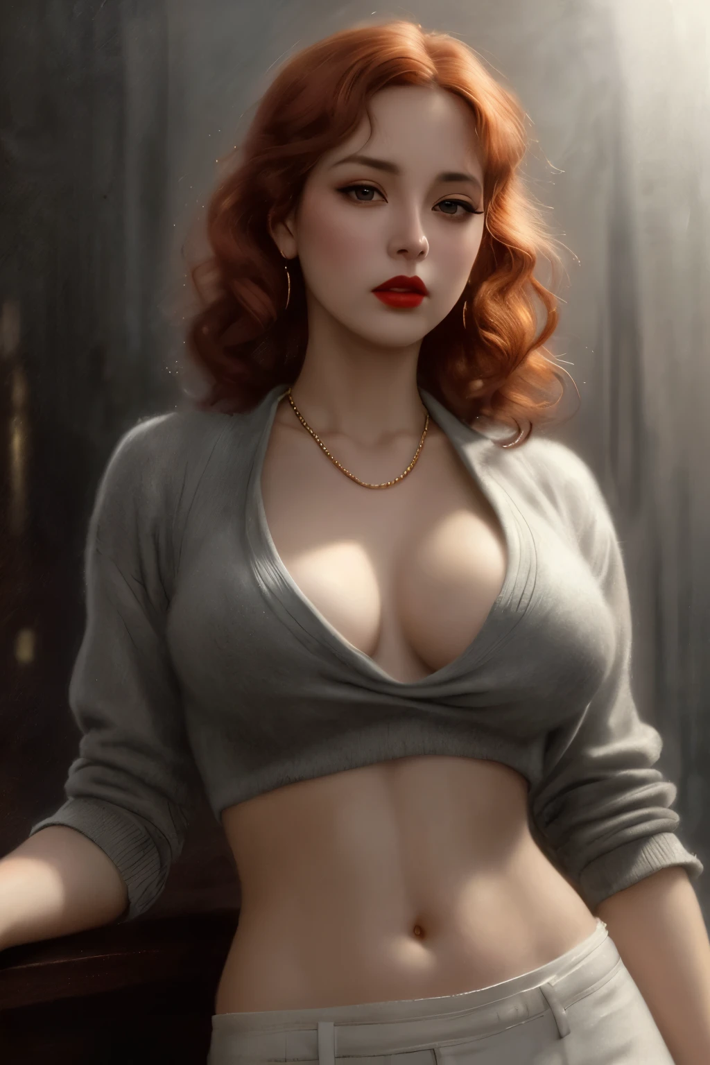 Taki, leaning against a bar , (heavy eyeshadow, red lips), slender, pearl necklace, fantasy art, concept art, delicate features, feminine, copper colored hair , short curls, white woolen sweater, bare midriff, huge breasts, seductive, Chiaroscuro lighting, (style of howard chandler christy:1.0), (charcoal sketch by jean-joseph benjamin-constant:1.3)
