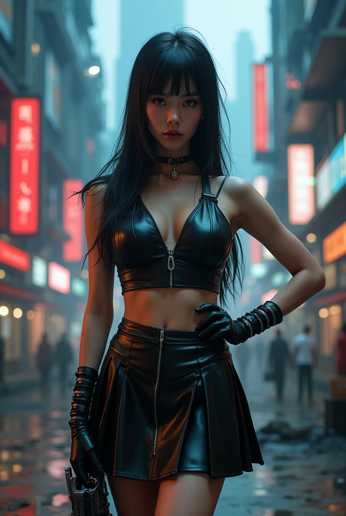 An asian woman wearing black leather skirt 
cosplay cyber punk