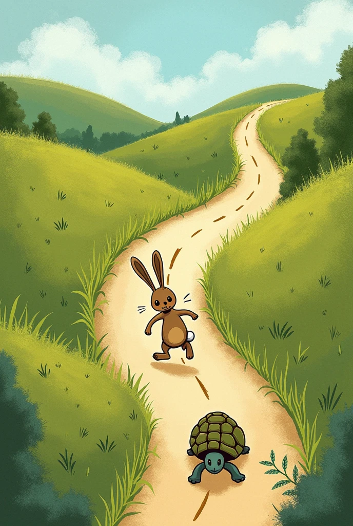 make an easy hand drawn style drawing, of a hare and a tortoise running on a track, from above view

