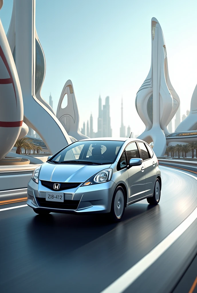 A 2006 Honda Fit car with license plate Z1B-412 in silver color on the road in a futuristic place in horizontal


