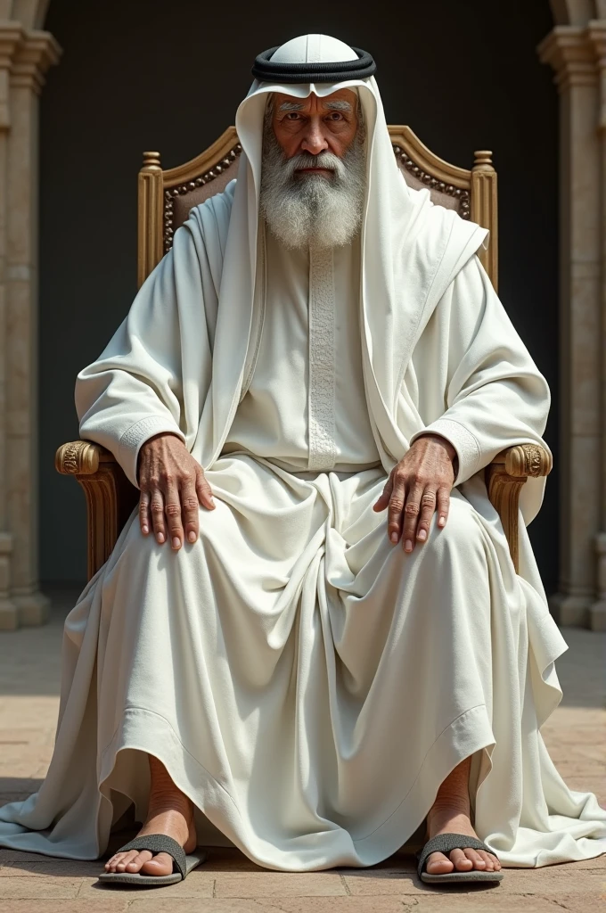 A old Man wearing Saudi dress and white cape and site a chair