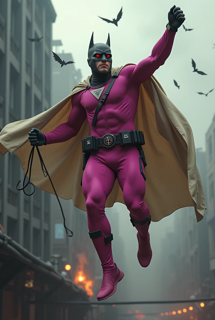 Malaysia man in high-tech suit, vivid effects, malaysian superhero (KELUANG MAN) in a striking pink and beige costume cyberpunk design, mask small mini bat ear beige, daredevil beige mask, jumpsuit dark pink stands confidently in a dramatic.jumping from high place.hero costume.one hand rise up. Big triangle logo on the chest.high detail Punisher logo on the chest. Fighting pose , stormy landscape. ((Head covered node guard like batman. Running pose , athletic body type, small mini ear bat mask))The character wears domino mask a helmet with pointed mini torn ears and a flowing cape biege, open nose and mouth. Equipped with visible futuristic weapons on a belt,bullet proof jacket pink dark day.show fingers pose, dark night, big supermoon effect . Small logo on chest triangle shape small punisher logo center(( skull triangle Casey Jones mask shape logo)) center on chest pink logo mini logo . rocky. Building top.smoke ground , bomb effect background, losse pants, losses costume.adding to --ar 3:4 --style raw --stylize 500 --v 6.1. chaos. Lot of small flying bat. One leg on the high stone. Man. Wear hologram watch.. Real man age 40 year old. One hand holding belt.one hand holding black rope hanging on building. Big pant pink. Beige cape joodie.(( Loose pant)) , jump on high building)marvel , X-Men.