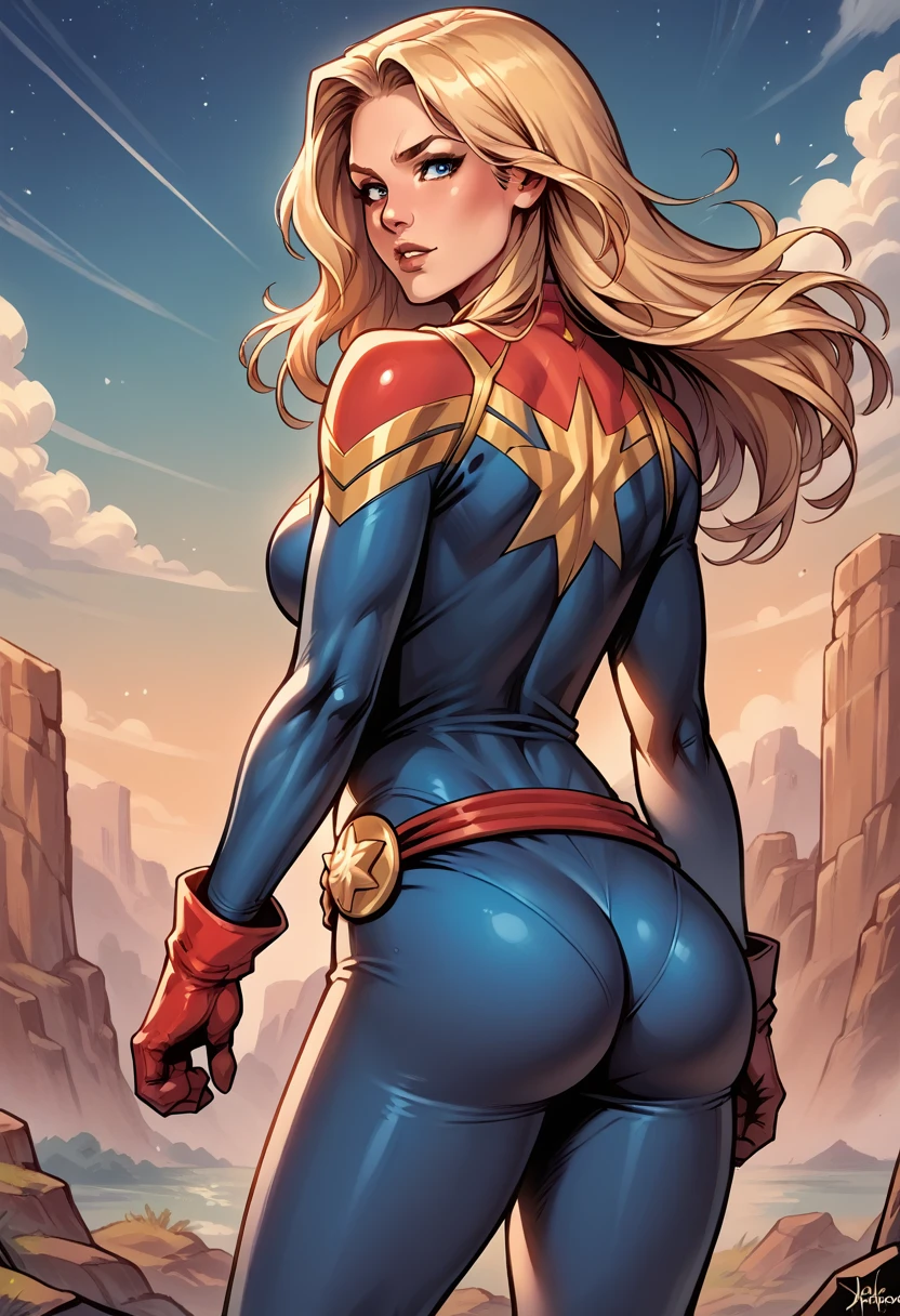 score_9, score_8_up, score_7_up, BREAK, score_9, carol_danvers, blonde hair, blue eyes, bodysuit, star logo, red gloves, red belt, long hair, looking at viewer, cowboy shot, ass, from behind, sky