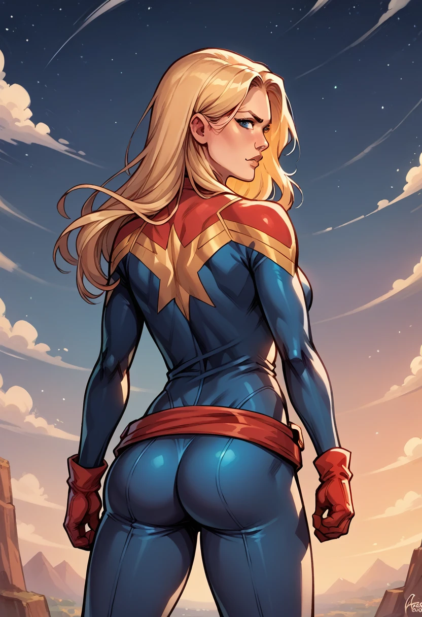 score_9, score_8_up, score_7_up, BREAK, score_9, carol_danvers, blonde hair, blue eyes, bodysuit, star logo, red gloves, red belt, long hair, looking at viewer, cowboy shot, ass, from behind, sky